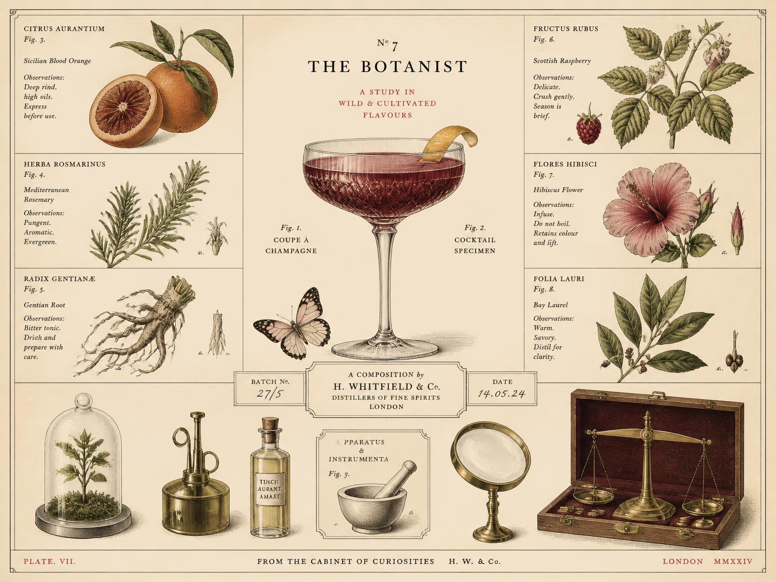 A surreal Victorian engraving of a cocktail coupe, botanical specimens, fruit and scientific instruments