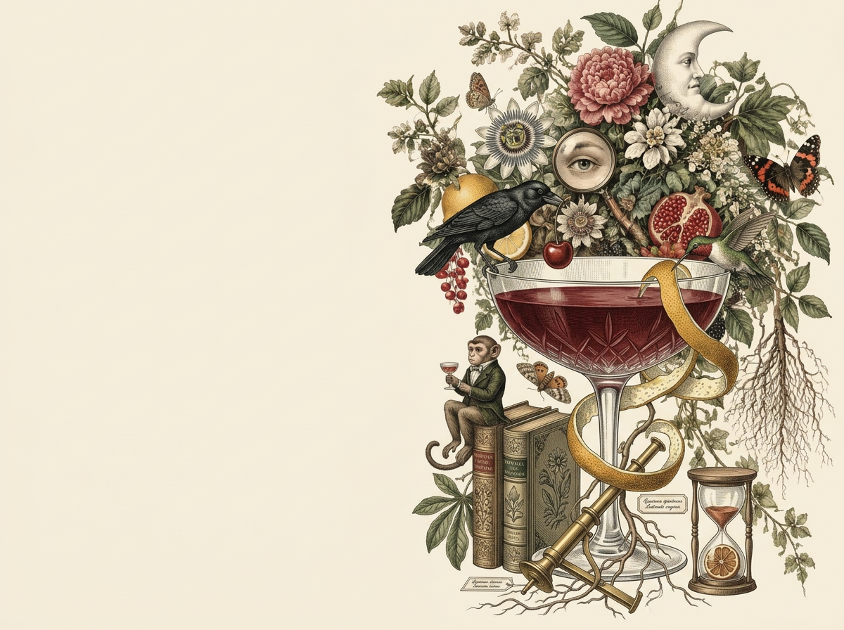 A surreal Victorian engraving of a coupe cocktail entwined with botanical specimens and curious creatures
