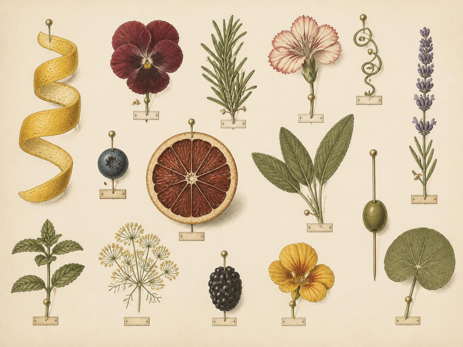 A Victorian specimen plate of botanical cocktail garnishes