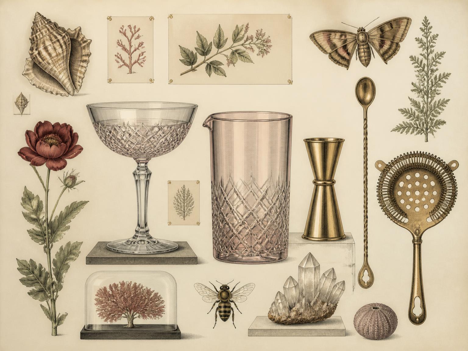 A Victorian cabinet still life of cocktail glassware and bar tools