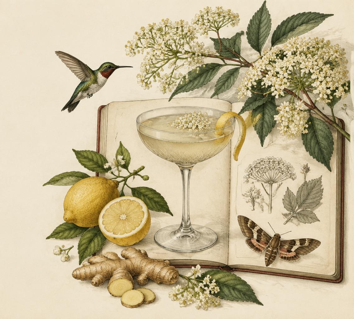 A Victorian botanical engraving of an open field notebook with a coupe cocktail, elderflower, citrus, ginger, a hummingbird and a moth