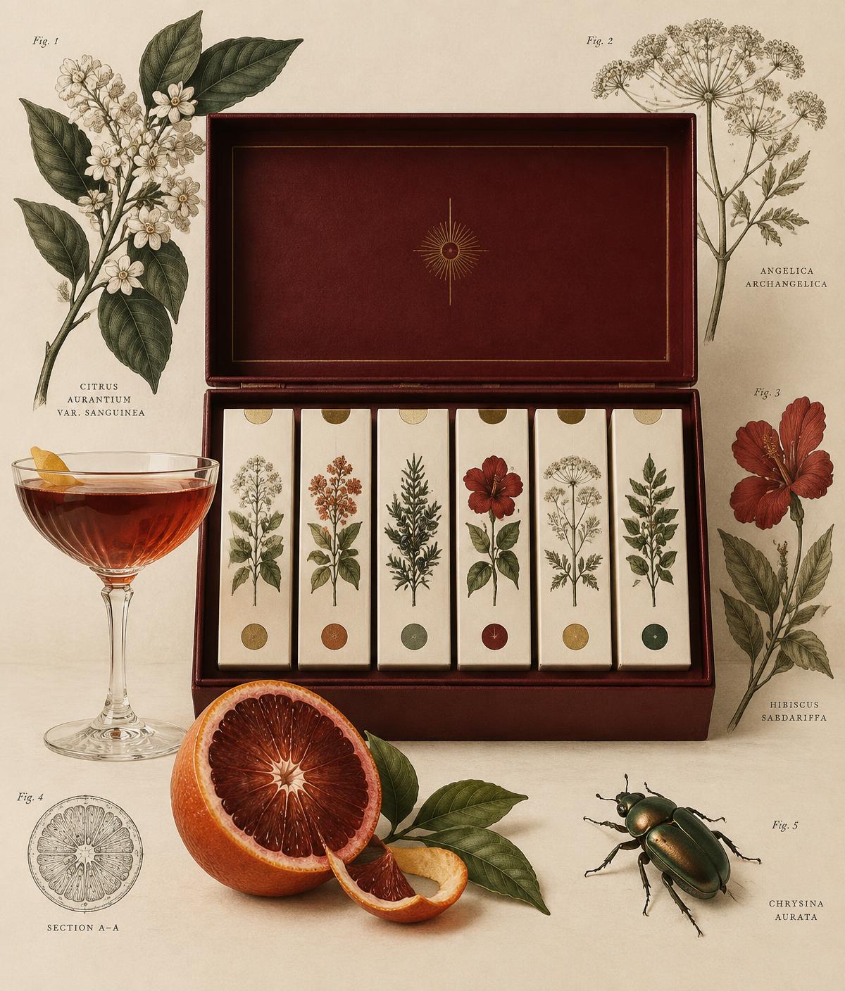 A presentation cabinet of six botanical cocktail infusion specimens