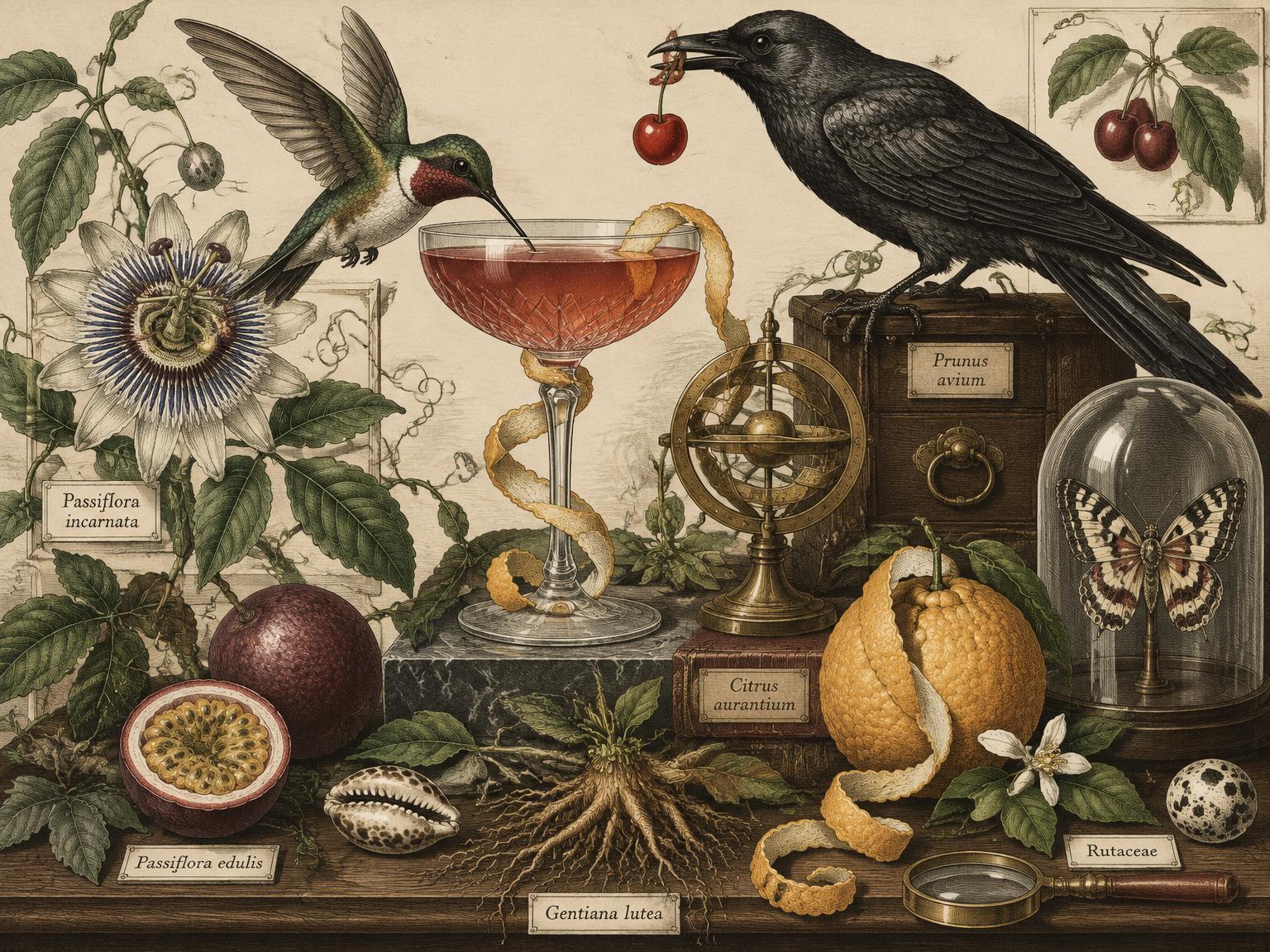 A surreal Victorian engraving of a cocktail coupe, a hummingbird, a crow stealing a cherry, botanical specimens and antique scientific instruments
